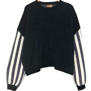 POL Black Sweater w/ Striped PUFFY Sleeves - Cozy Pullover Size S OVERSIZED